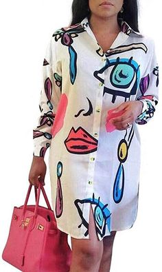 Remelon Womens Graffiti Lip Print Button Down Collar Long Shirt Dress Blouse Mini Dress White X-Large at Amazon Women’s Clothing store Dress Cartoon, Very Short Dress, Dress Blouse, Autumn Casual, Rockabilly Dress, Cap Dress, Latest African Fashion Dresses