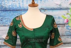 Maggam work designer blouse - Pattu Saree Blouse -kundan work blouse - handloom Saree Blouse - bottle green Saree Blouse - green Blouse Bottle Green Blouse Designs, Bottle Green Blouse, Zardosi Work Blouse, Saree With Belt, Maggam Work Blouse, Sari Design, Indian Saree Blouse, Blouse Designs Indian, Maggam Work Blouses