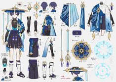 an anime character is dressed in blue and gold