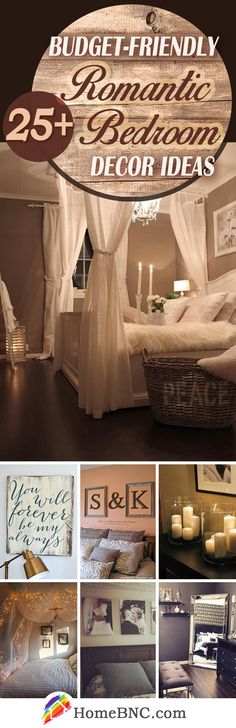 a collage of photos with the words budget - friendly romantic bedroom decor ideas on it