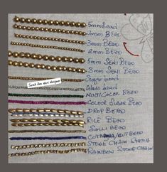 several different types of beaded bracelets are shown on a piece of paper with writing