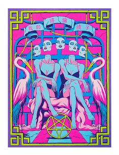 an image of three women sitting on a throne with flamingos