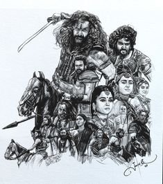 a black and white drawing of some people on horses with swords in their hands, surrounded by other characters