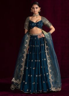 Teal Blue Embroidered Crepe Lehenga Indian Woman Clothes, Teal Blue Lehenga, Crepe Lehenga, Engagement Lehenga, Gharara Suits, Half Saree Lehenga, Blue Lehenga, Outfits Jewelry