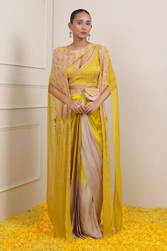 Yellow cape with sequin, bead, cutdana, pearl embroidery in geometric pattern. Paired with backless angrakha padded choli, dhoti skirt, belt and bag. - Aza Fashions Georgette Jacket, Dhoti Skirt, Pearl Embroidery, Women Kurta, Skirt Belt, Set Women, Flared Sleeves, Aza Fashion, Skirt Set