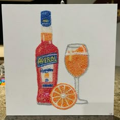 a card with an image of a bottle of alcohol and a wine glass on it