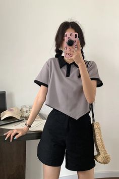 Short Sleeve Asymmetric Turn Down Collar Shirt – Tomscloth Casual Black Asymmetrical Shirt, Trendy Gray Collared Tops, Korean Outfits, Lantern Sleeves, Trending Now, Tank Dress, Shoulder Sleeve, Collar Shirts, Sequin Dress