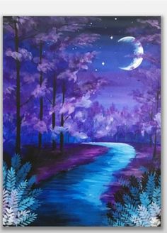 an acrylic painting of a river and trees at night