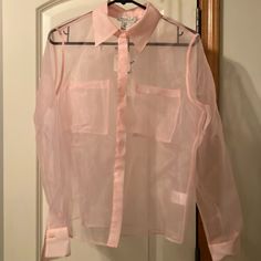 Nwt Size Medium Bought This Past Spring Light Pink See Through Beautiful Top Casual Sheer Top For Office, Light Pink Top, Linen Sleeveless Top, Spring Light, Floral Peasant Blouse, Light Pink Tops, Metallic Blouses, Long Sleeve Floral Top, Orange Blouse