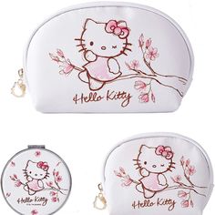 Brand New. Set Includes Two Bags And A Compact Mirror White Pouch Cosmetic Bag For Daily Use, White Cosmetic Bag For Daily Use, White Cat Design Pouch Bag, Cute White Pouch Cosmetic Bag, White Hello Kitty Pouch Bag, White Hello Kitty Print Bag, White Hello Kitty Bag For Daily Use, Trendy White Pouch For Daily Use, Trendy White Coin Purse For Travel