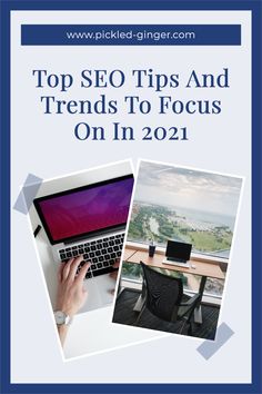 a person typing on a laptop with the words top seo tips and trends to focus on in