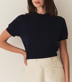 Colombe Knit Top - Deep Navy | DÔEN Elegant Short Sleeve Cashmere Top, Fitted Short Sleeve Cashmere Tops, Elegant Fine Knit Short Sleeve T-shirt, Cashmere Turtleneck Top With Ribbed Neckline, Cashmere Turtleneck With Ribbed Neckline, Fine Knit Short Sleeve T-shirt For Work, Fine Knit Cashmere T-shirt Short Sleeve, Classic Merino Wool Top With Ribbed Neckline, Classic Merino Wool Tops With Ribbed Neckline