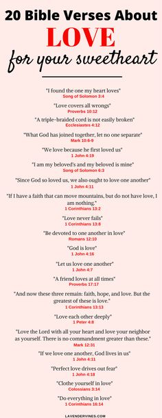 the 20 bible verses about love for your sweet heart, written in red and black