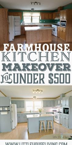 an open kitchen and living room with the words farmhouse kitchen makeover to under $ 500