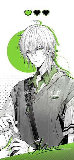 an anime character with white hair and green eyes holding a cell phone in his hand