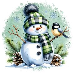 a snowman with a bird perched on it's nose and wearing a scarf