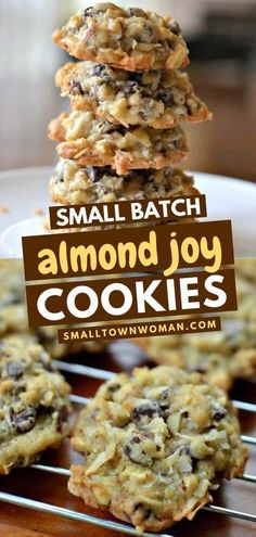 small batch of almond joy cookies stacked on top of each other with text overlay