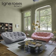 a living room filled with lots of furniture next to large windows and bookshelves