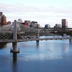 a large bridge over a river with tall buildings in the background