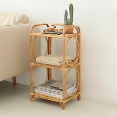 a small bamboo shelf with a plant on top and magazines in the bottom, next to a couch