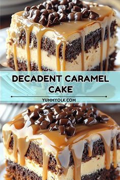 two different cakes with chocolate and caramel drizzled on top