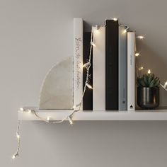 a shelf with books and lights on it