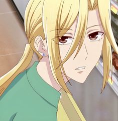 an anime character with long blonde hair and brown eyes looking at the camera while wearing a green shirt