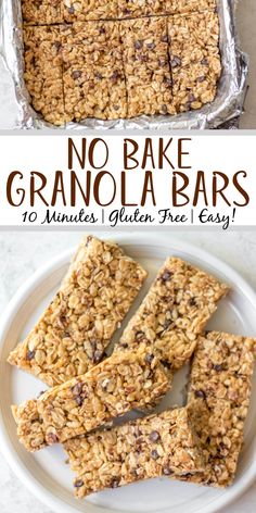 no bake granola bars on a plate with text overlay that says no bake granola bars