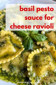 basil pesto sauce for cheese ravioli on a white plate with text overlay