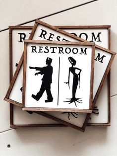 Frankenstein And Bride, Halloween Bathroom, Rustic Wood Decor, Old Forge, Restroom Sign, Cricut Halloween, Celebrating Life, Halloween Sign