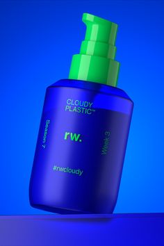 A pump dispenser bottle for skincare products with a vivid blue bottle in frosted transparent plastic and a pump head in a bright green glossy plastic standing at an angle on a transparent blue surface with a brightly lit blue background. Spray Bottle Packaging, Sunscreen Design, Skincare Bottle, Skincare Packaging Design, Blue Skincare, Product Render, Supplements Packaging, Trending Skincare, Product Rendering