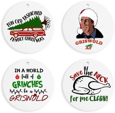 four christmas ornament designs with funny sayings on the front and back of them