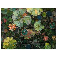 a painting made out of stained glass with flowers and leaves on the bottom, surrounded by water lilies