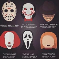 four different masks with words on them that say it's friday, do you want to play a game for you?