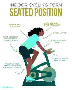 a woman riding an indoor bike with instructions on how to use the stationary seat position