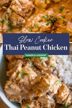 slow cooker thai peanut chicken in a bowl with rice