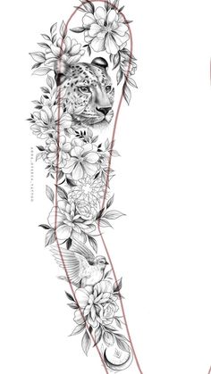 an arm tattoo with flowers and a leopard