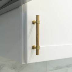 a close up of a door handle on a white cabinet