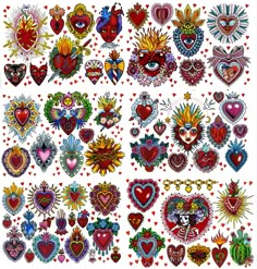 an assortment of heart shaped tattoos on a white background with red and blue hearts in the center