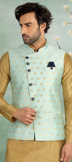 Blue color Nehru Jacket in Brocade fabric with Printed work Engagement Reception, Reception Lehenga, Nehru Jacket, Nehru Jackets, Brocade Fabric, Jacquard Fabric, Salwar Kameez, Lehenga, Party Wear