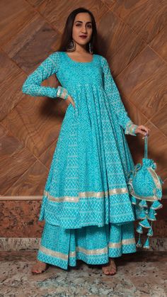 Anarkali Palazzo Set, Cotton Anarkali Suits, Flared Palazzo, Printed Anarkali, Wings Dress, Cotton Anarkali, Suit Ideas, Potli Bag, Salwar Designs