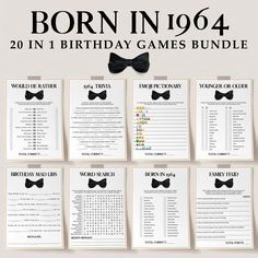 a bunch of birthday games with bow ties on them and the words born in 1044