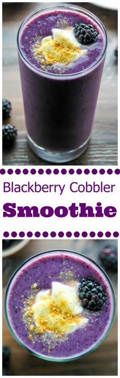 blackberry cobbler smoothie in a glass with blueberries and blackberries on top