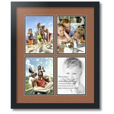 four pictures are hanging on the wall in front of a brown frame with black trim