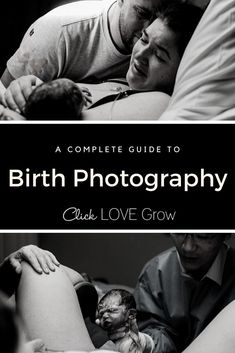 a black and white photo with the words birth photography overlayed by two people