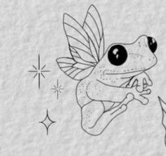 a drawing of a frog with wings on it's back, and stars in the background