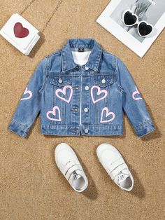 Baby Girls' Heart Pattern Denim Jacket With False Pockets Medium Wash   Long Sleeve Denim Heart Jackets Non-Stretch  Baby Girls Clothing, size features are:Bust: ,Length: ,Sleeve Length: Decorating Jeans, Jean Jacket Design, Heart Jacket, Custom Jean, Kids Jeans Jacket, Jean Jacket Patches, Custom Jean Jacket, Jean Jacket For Girls, Denim Baby