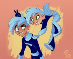 two cartoon characters with blue hair and green eyes, one is holding the other's head