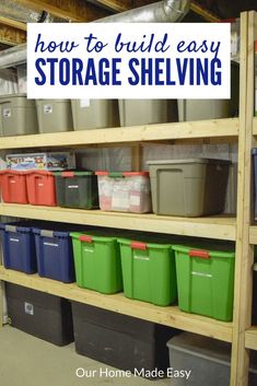 storage shelves filled with buckets and plastic containers