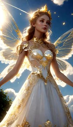 a woman dressed as a fairy standing in the sky with her hands on her hips